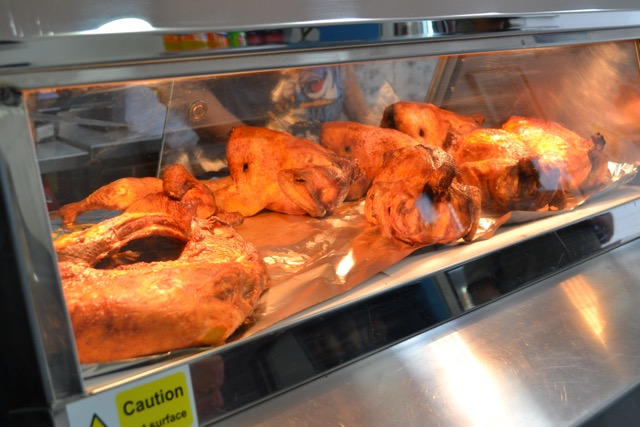 Roast chicken on display